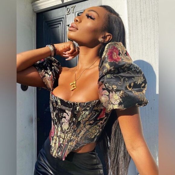 House of CB Isabella Brocade Black Gold Bustier Crop Top Floral Size S - Picture 8 of 12